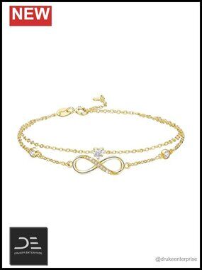 14K Gold Plated Heart Infinity Bracelet with Diamonds & Moissanite, Adjustable